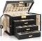 Large 4-Tier Jewelry Box Leather Jewelry Storage Organizer with 3 Drawers Lockable for Women Girls Ring Necklace Earring Bracelet Watches Holder with Mirror Black